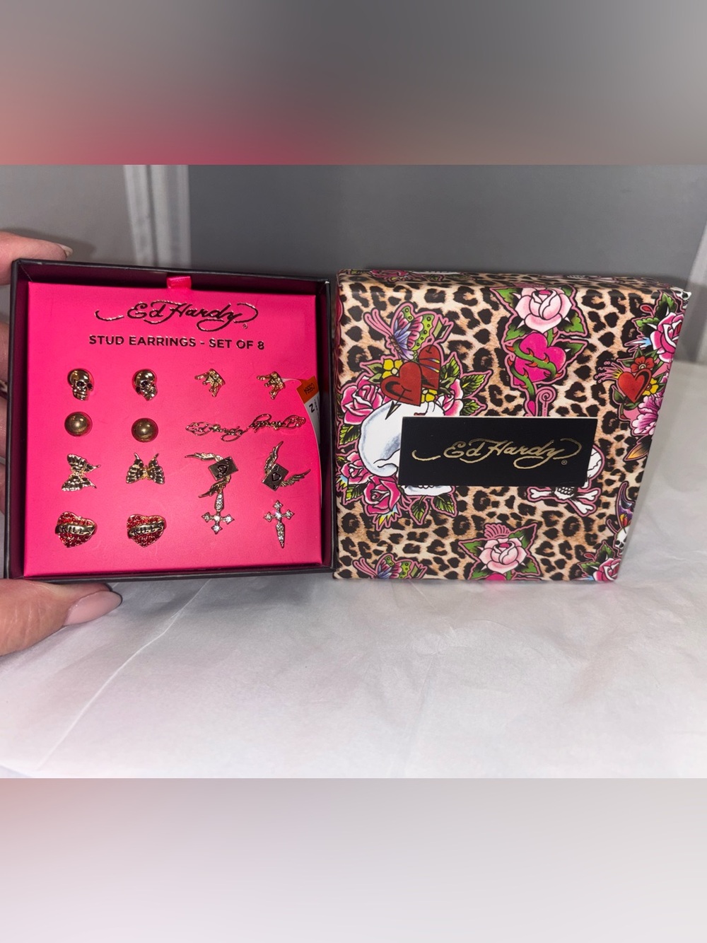 New Ed Hardy Pink and Gold Tattoo-Inspired Stud Earring Set